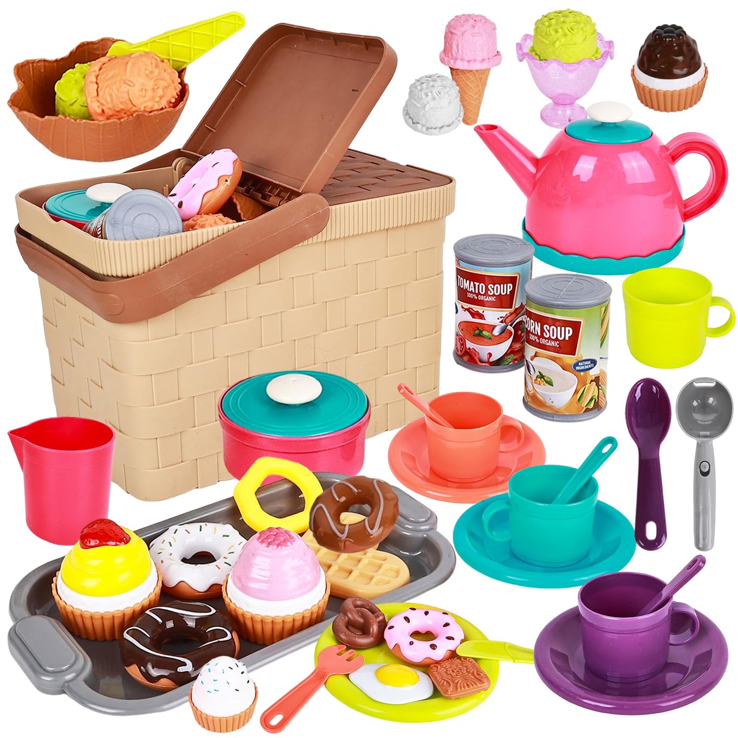 Picnic Basket Toys Play Tea Sets with Teapot Tea Cup Dessert Food,Ice Cream Playset, Pretend Play Kitchen Accessories Tea Party Set for Toddlers Kids Little Girl Boy Age 3-7 Years Old