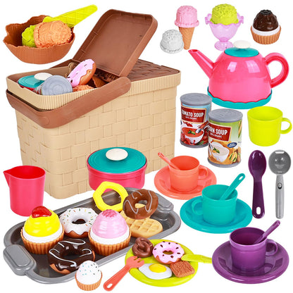 Picnic Basket Toys Play Tea Sets with Teapot Tea Cup Dessert Food,Ice Cream Playset, Pretend Play Kitchen Accessories Tea Party Set for Toddlers Kids Little Girl Boy Age 3-7 Years Old