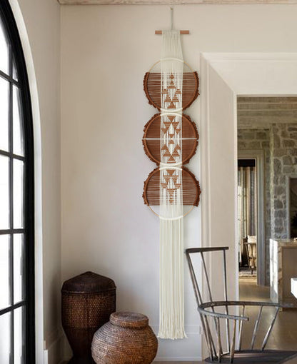 Flber Macrame Wall Hanging Brown and white Boho Wall Decor Art Living room wall art Round Handmade Geometric Lines Home Décor 11.8W x 65L