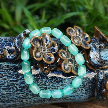 TaHLga Natural Selenite Crystal Bracelet for Women Men | 8x12mm Green Plated Cylinder Beads | Authentic Stone with Leather Pouch, Gift Box & Repair Kit | Fits 7.5 inch Wrist