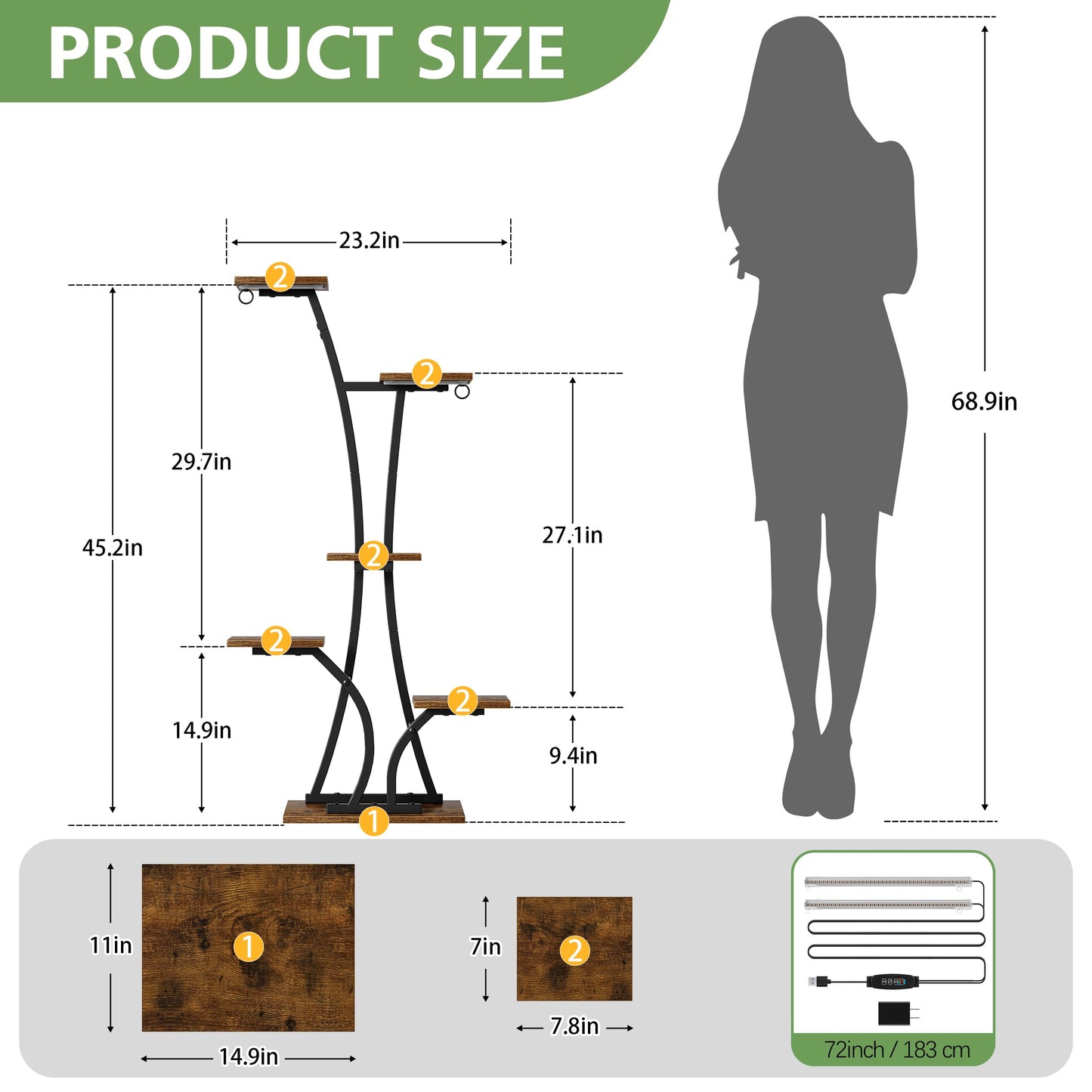 MOSTWOGO Plant Stand with Grow Light for Indoor Plants, 6 Tiered Metal Plant Shelf, 45" Indoor Plant Rack with 7 Shelves and 2 Hooks, Modern Corner Plant Holder for Living Room Balcony Bedroom, Black
