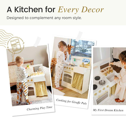 Tiny Land Toddler Kitchen Playset, Wooden Play Kitchen Set Toy with Cutting Food & Cookware, Oven, Clicking Knobs, Stove and Sink, Small Toy Kitchen Gift for 1-3 Year Old Kids, Girls & Boys - Cream