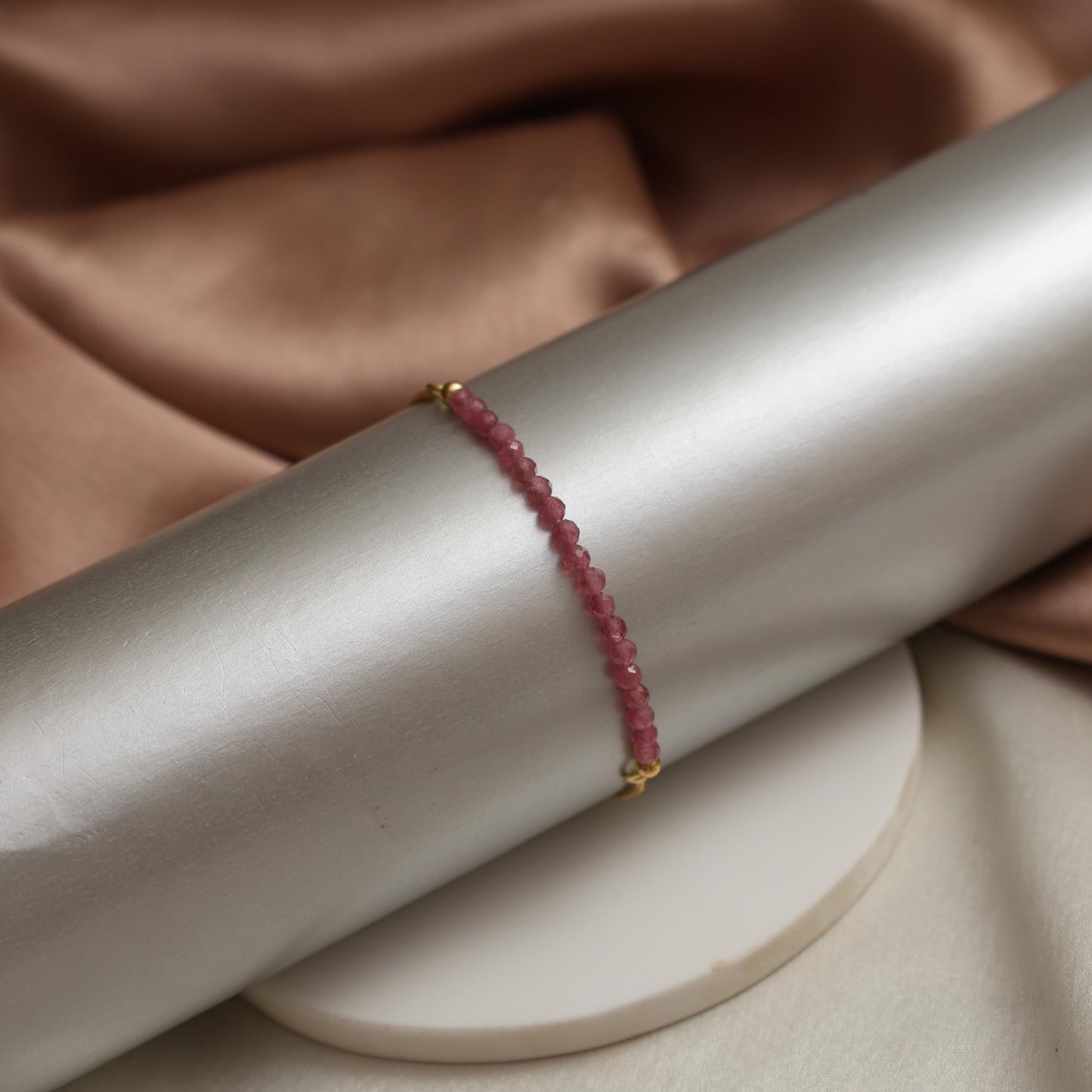 Gempires Birthstone Bracelet, Pink Tourmaline Beaded Bracelet, October Birthstone Jewelry, Bolo Beads Bracelet, Gift for Her, 14k Gold Plated Chain (6-9 inch Adjustable Length)