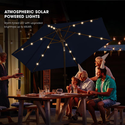 wikiwiki 7.5ft Solar Led Patio Umbrella, Sturdy Outdoor Market Umbrella for Deck, Pool, Garden w/Tilt, Crank, 18 LED Lights, Navy Blue
