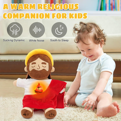 Yelakey Soothing Jesus Plush Toys with Light & Sound, 15" Jesus Stuffed Breathing Plushy Doll, Christian Catholic Religious Plushie Christmas Easter Gifts for Kids Baby (Brown)