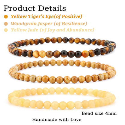 NCB 3-Piece 4mm Natural Crystal Gemstone Stretch Bracelets – ﻿Woodgrain Jasper, Yellow Jade, Yellow Tiger's Eye Handmade Reiki Energy Healing Jewelry for Meditation,Yoga, Unisex