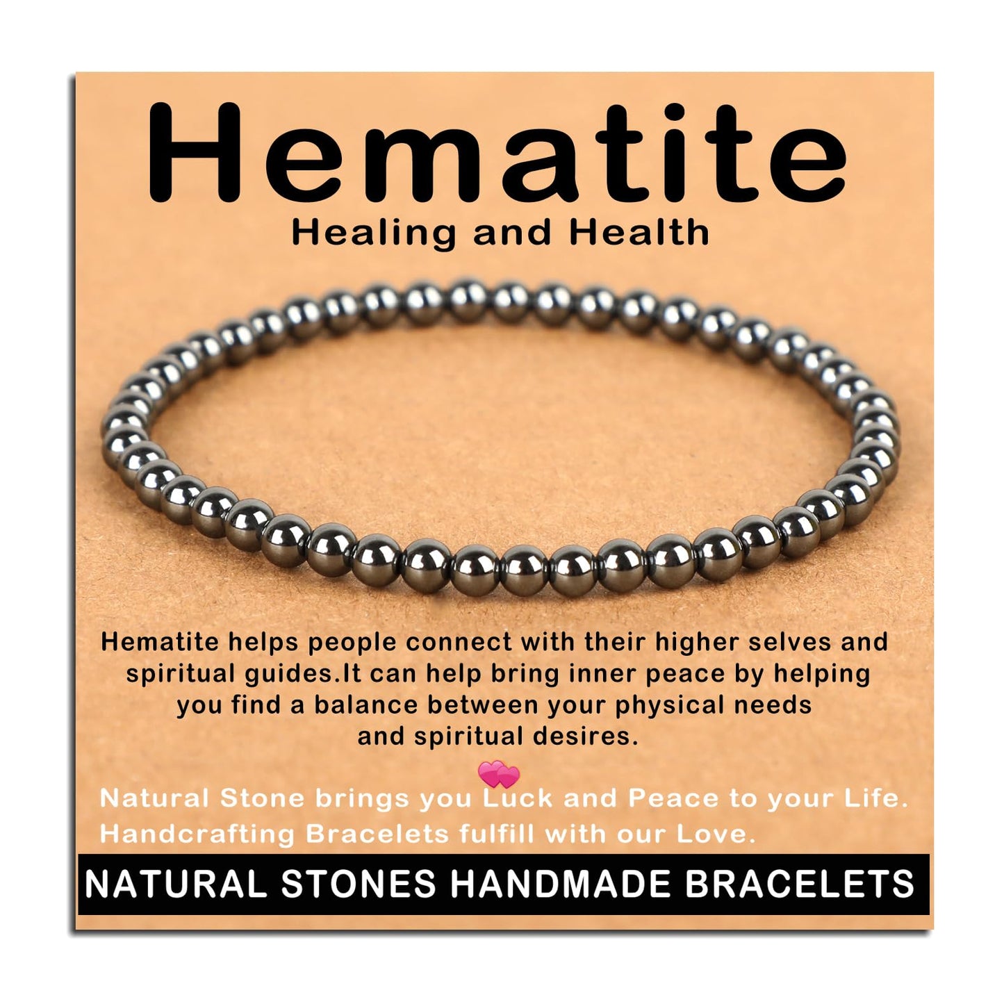 AD Beads Handmade Gemstone Stretch Elastic Bracelet Crystal Healing Reiki Nature's Beauty and Spiritual Essence Unisex (4mm, Hematite (Healing and Health))
