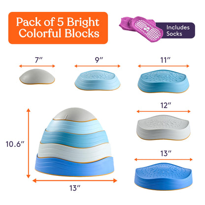 Special Supplies Stepping Stones for Kids, 5 Balance Indoor and Outdoor Blocks Promote Coordination, Balance, Strength, Child Safe Rubber, Non-Slip Edging, Stackable (Ocean)