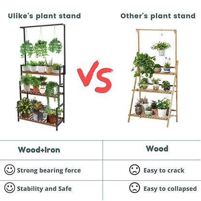 ULIKE Plant Stand Outdoor Indoor Hanging Plant Shelf for Multiple Plants 3 Tier Tall Plant Stand Wood Rack with Metal Frame for Patio Garden Balcony