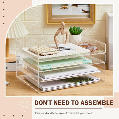 Harloon 4 Tier Acrylic Paper Tray, 13 x 10 x 1.7 Inches, Heavy Duty Stackable Organizer for A4/letter Paper, No Assembly Required, Transparent Acrylic File Storage for Office Workspace Desktop Storage