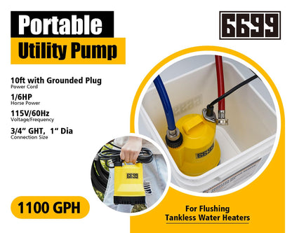 6699 Tankless Water Heater Flushing Kit Includes 1/6HP Submersible Sump Pump with Two Adapters & 3 Gallons Pail with Bucket Lid Opener & Two 1/2” Dia X 6’ PVC Hoses with Washers