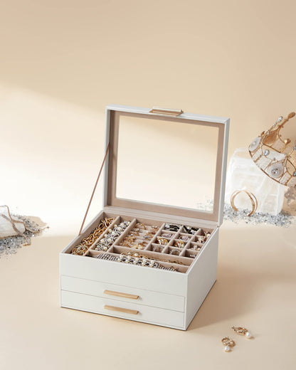 SONGMICS GISELLA Collection - Jewelry Box Organizer, 3-Layer Jewelry Storage with 2 Drawers, Shiny Metal Hardware, Glass Lid, Modern, 8 x 9.1 x 5.3 Inches, Cloud White and Gold Color UJBC239WT