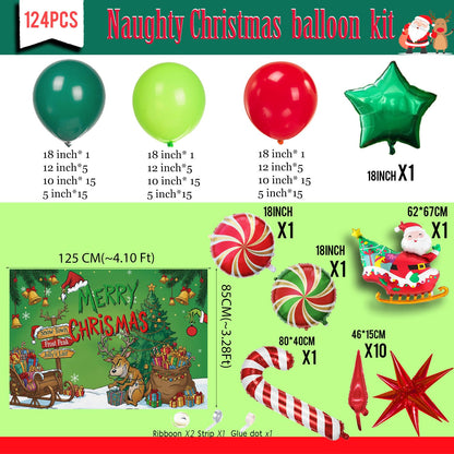 Christmas Balloon Garland Arch Kit with backdrop Xmas Red Green Balloons Candy Cane Santa Claus Star Foil Balloons for Christmas New Year Birthday Party Decorations