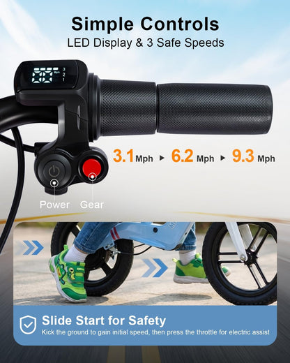 GROWNEER Electric Balance Bike for Kids 3-5 Year Old Boys Girls, 12 Inch Pneumatic Tires, 3 Speed Settings (3.1/6.2/9.3 mph), Light-up Front Tire & Adjustable Seat, 9.3 Mile Range, Black