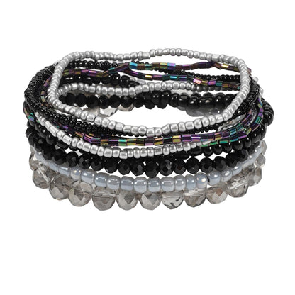 Caiyao Bohemian Multilayer Stackable Seed Beaded Bracelets Colorful Crystal Glass Beads Strand Bangle Bracelet BFF Wristbands Bracelet for Women Summer Beach Hawaii Jewelry Birthday Gifts (Black 2)