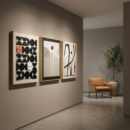 Large 3D Textured Framed Abstract Wall Art for Living Room, 3 Piece Modern Boho Artwork for Walls, Black White Orange Geometric Sandstone Texture Pictures for Hallway Office Home Decor 24x36 In