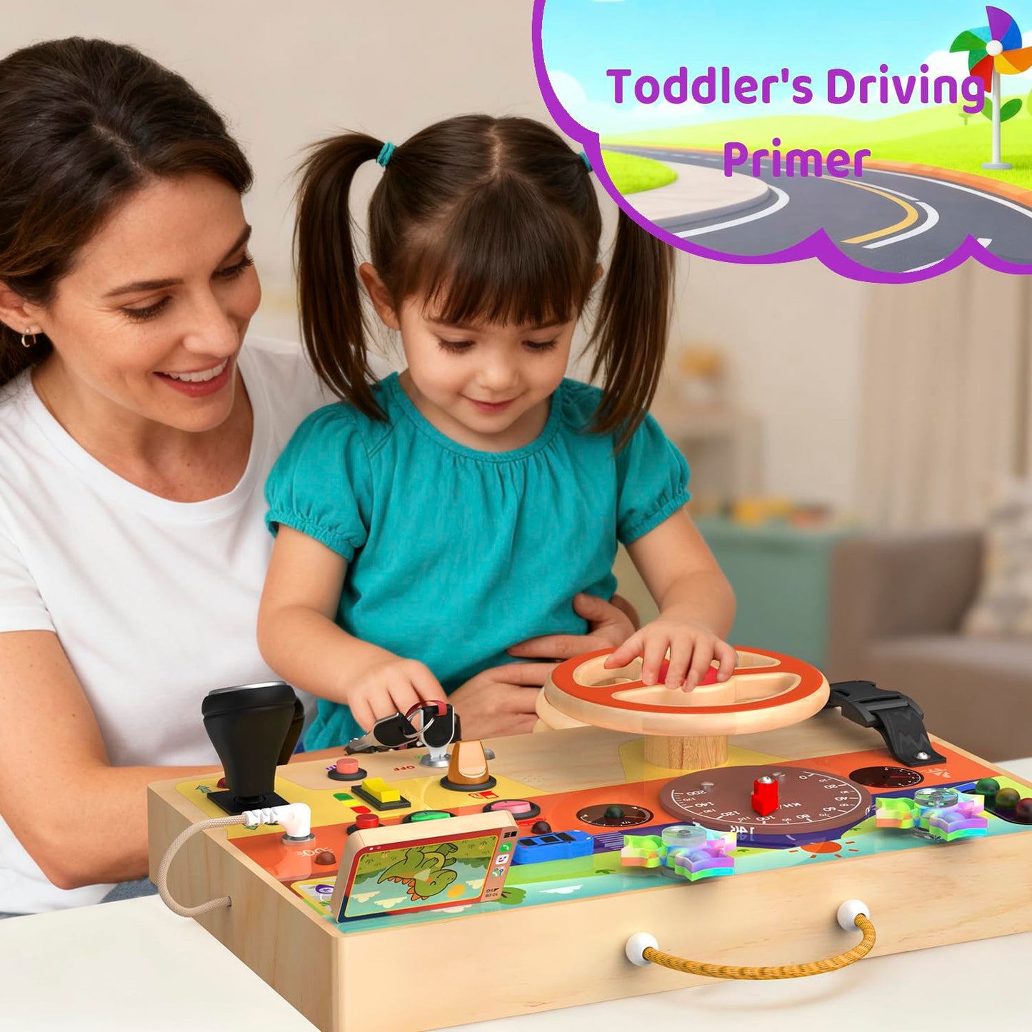 Montessori Wooden Busy Board with Steering Wheel & Driving Toys - Sensory Activity Boards for Toddlers 1-3, Car Themed Fidget Toy with Lights, Switches & Windmill Spinner, Travel Gift for Boys Girls