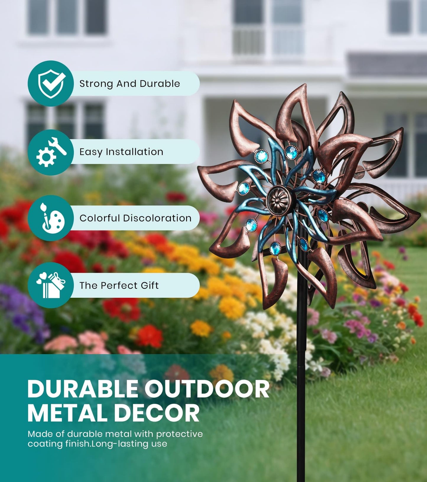 VUFOZ 360° Garden Wind Spinner for Outdoor Yard Art – W13xH64 Kinetic Windmill for Garden, Lawn, and Patio – Dahlia-Inspired Copper and Teal Wind Spinners Outdoor Decorative Yard Art