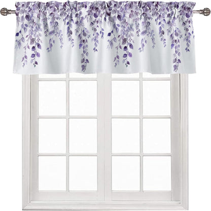 Potanhugie Valances for Windows Purple Eucalyptus Leaf Rod Pocket Cafe Window Treatments Valance Curtains for Kitchen Bathroom Laundry Basement Windows 42 x 12 inch
