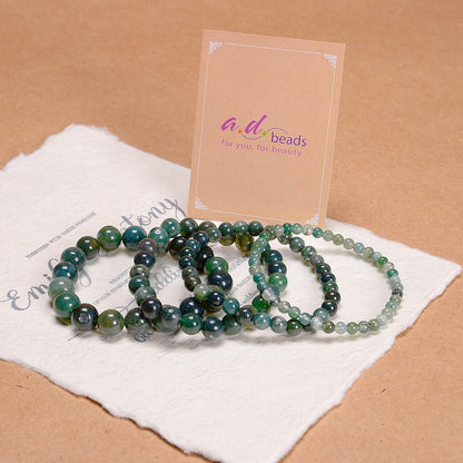 AD Beads Handmade Gemstone Stretch Elastic Bracelet Crystal Healing Reiki Nature's Beauty and Spiritual Essence Unisex (8mm, Moss Agate (Universal Connection))