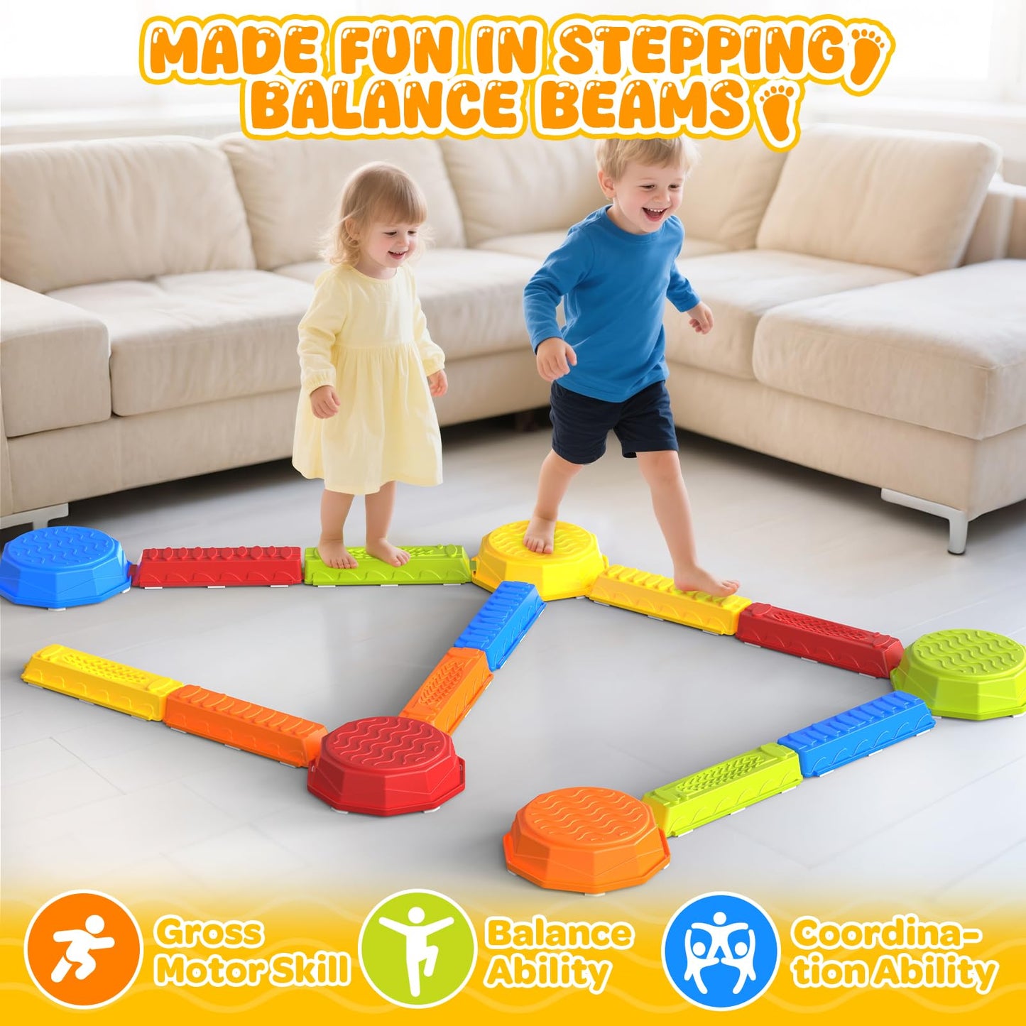 15PCS Rainbow Stepping Balance Beam Stones for Kids Toddlers - Indoor & Outdoor Sensory Toys for Outside Play Games,Without Light Up&Music Non-Slip Jumping Blocks for Obstacle Course Boy Girl Gifts