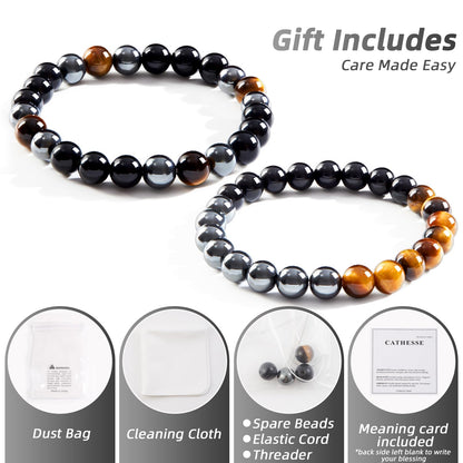 CATHESSE 2PCS Triple Protection Bracelet Set, Natural Tiger Eye Black Obsidian Hematite Beaded Stretch Bracelets for Men Women, Handmade Crystal Jewelry Gift for Stress Relief & Balance (Guardian Stack)