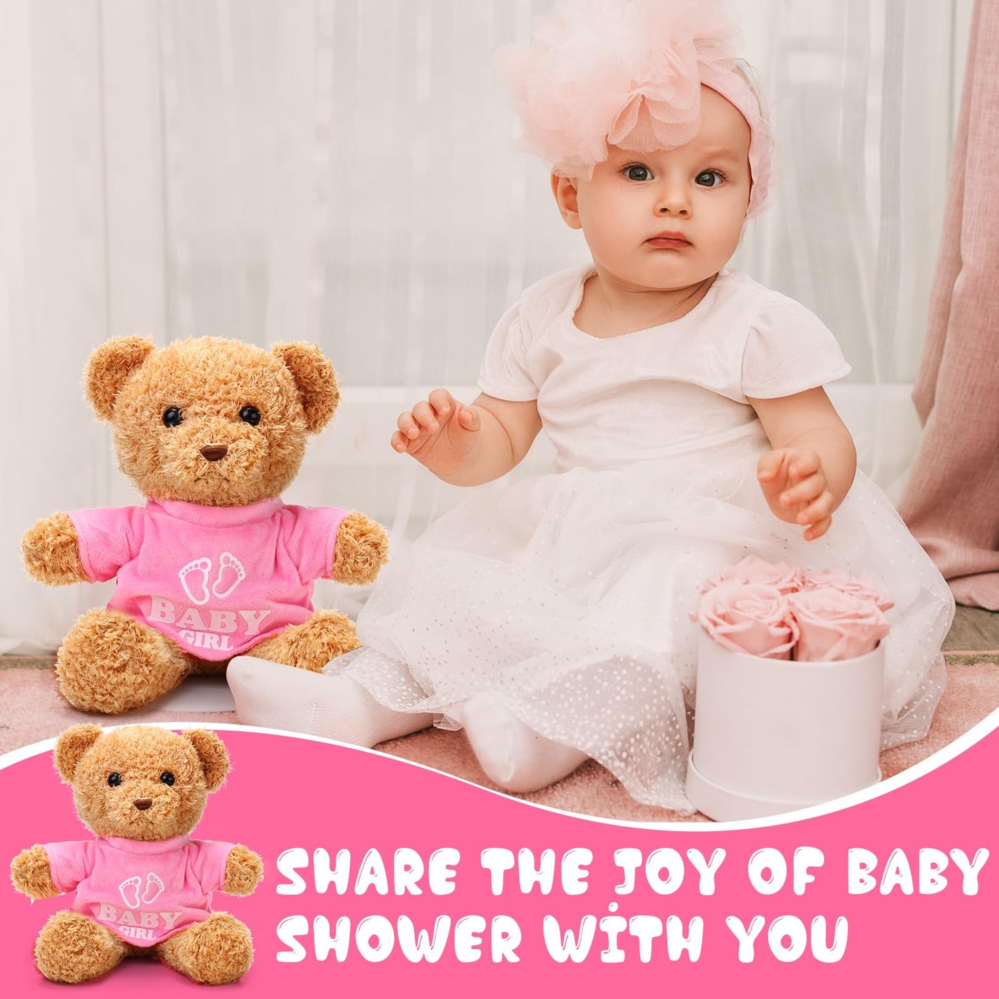 Silipull 6 Pcs Baby Shower Bear Bulk 12 Inch Stuffed Animal Bear Cute T Shirt Plush Toy Gift Fluffy Decorations for Shower Birthday Gender Reveal Party Favors(Baby Girl)