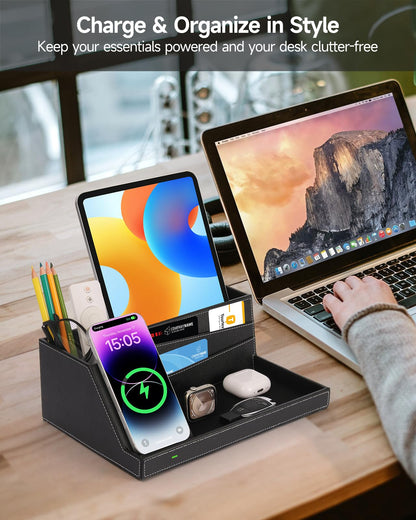 Fast Wireless Charging Station with Desk Organizer for iPhone 17/16/15/15 Pro/14/14 Pro Max/14 Pro/14 Plus/13/13 Pro Max/13 Pro/and iPhone 12/11 Series, Nightstand Desktop Organizer for Home Office