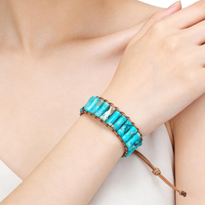 Plumiss Bohemian Turquoise Blue Imperial Stone Bracelet - Adjustable Leather Wrap Chakra Bracelet for Women Men, Handmade Colorful Energy Stone Yoga Jewelry Gift