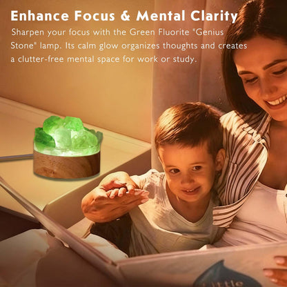 Runyangshi Fluorite Night Light with Natural Raw Green Crystal - USB Powered Focus Lamp for Study, Office, Meditation, Healing Crystal Decor with Wood Base, Clarity & Learning Aid