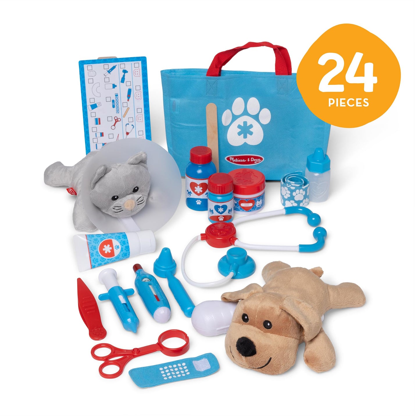 Melissa & Doug Examine and Treat Pet Vet Play Set, 24-Piece Animal Doctor Playset with Dog & Cat Plushies, Pet Doctor Kit & Accessories, Preschool Toys for Girls & Boys Ages 3+