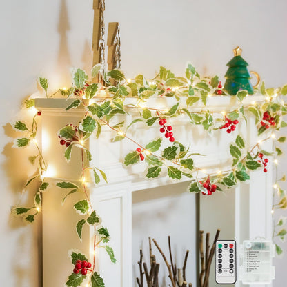 suddus 40 LED Christmas Fairy Lights Battery Powered,12.5ft Vine String Lights with Red Berries & Holly Leaf Timer Remote, Artificial Garlands for Fireplace, Bedroom,Porch,Door,Table,Stairs,Xmas Decor