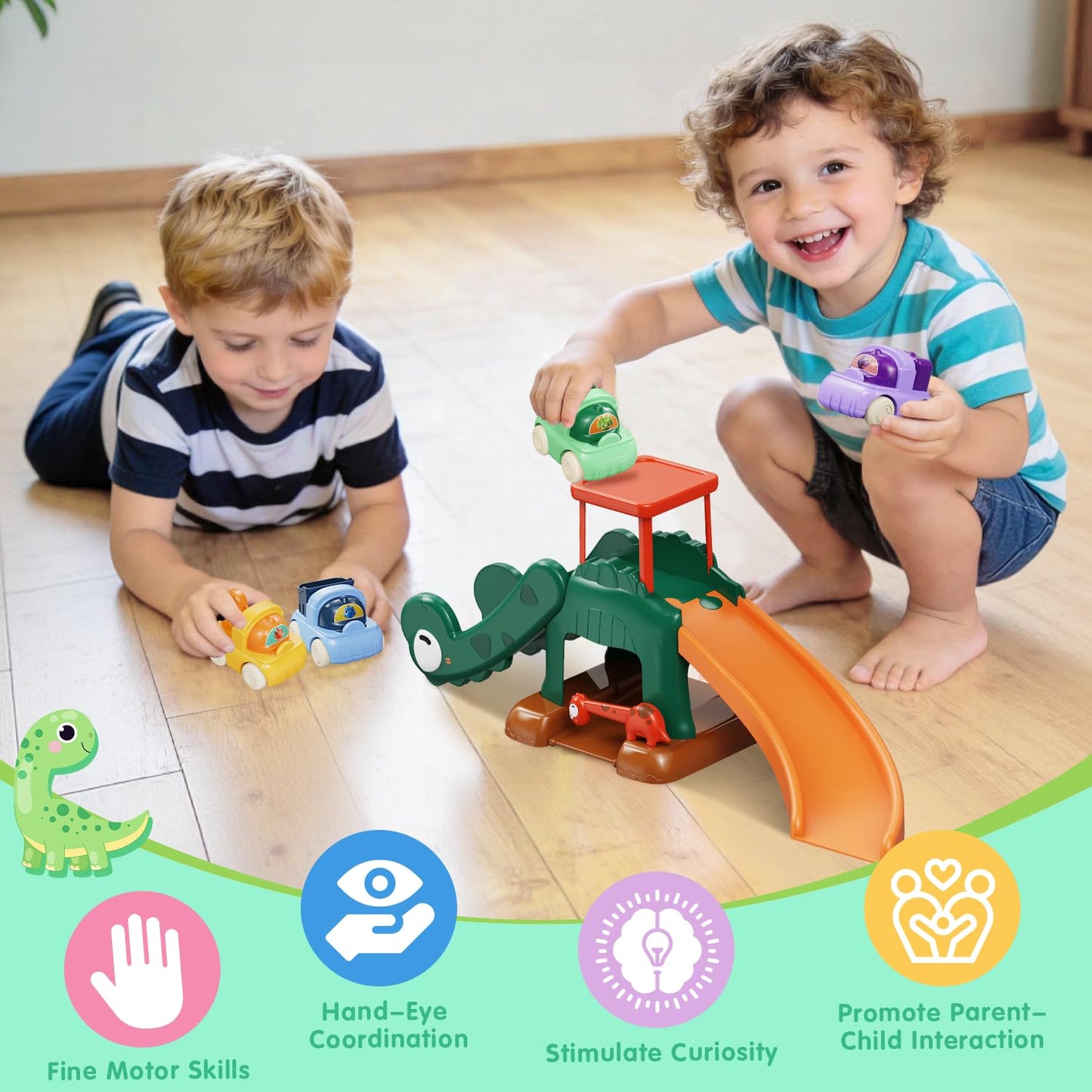 CRATIVWOOD Dinosaur Car Ramp Slide Toy for Toddlers — 4 Push Cars with Race Track, Baby Slide Indoor Toy, Montessori Learning Birthday Gift for Boys Girls 1 2 3 Year Old (Green)