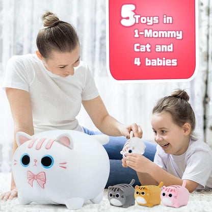 White Cat Plush, 5 PCS Cat Plush Stuffed Animal Family, 16" White Cat Mommy Plushie with 4 Baby Kittens Cat Plushies for Kids, Kawaii Cat Plush Toy Christmas Birthday Gifts for Kids Boys Girls