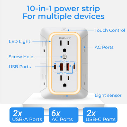 Wall Mount Power Strips Wall Charger 6 Outlet Extender 4 USB Ports (5V, 2.4A, 12W) and Night Light 3-Sided Power Strip with Adapter Spaced Outlets - Multi Plug Outlet Surge Protector for Home Office