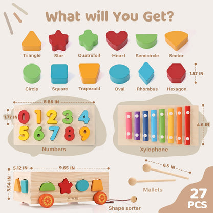 Jessruly Shape Sorter - Wooden Xylophone and Montessori Number Puzzle Set for Babies - Educational Sorting Game with Storage Car for Toddlers