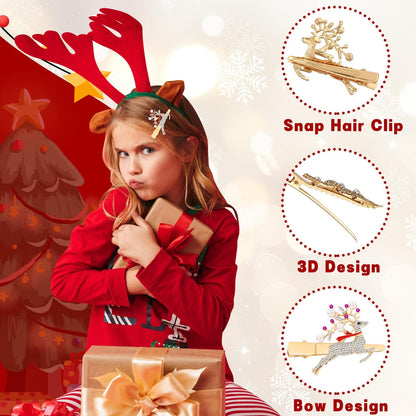 AUGSUN 8Pcs Christmas Rhinestone Hair Clips Barrettes Xmas Crystal Peppermint Snowflake Wreath Reindeer Bell Hairpins Festive Costume Accessories for Women Christmas Holiday Party Gifts