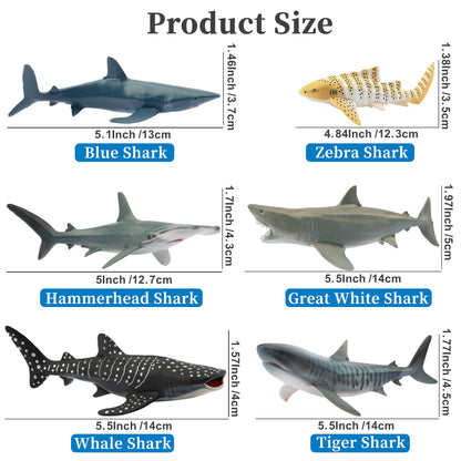Toymany 6PCS 5-6" L Realistic Shark Bath Toy Figurines, Plastic Ocean Sea Animals Figures Set Includes Great White Shark Cake Toppers Christmas Birthday Gift for Kids Toddlers