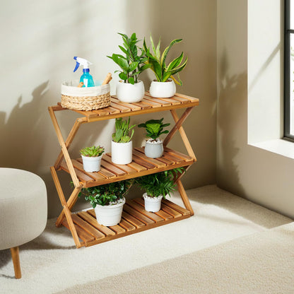 BEEFURNI Acacia Plant Stand Indoor, Wooden Outdoor Plant Stand, Foldable Plant Stand, 3 Tier Conner Space Flower Stand, Plant Ladder Stand (Natural)