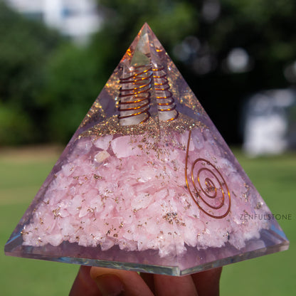 Rose Quartz Orgone Pyramid for Peace, Calm & Unconditional Love, Confidence & Protection | Orgonite pyramids with Copper Coil and Crystal Quartz for Chakra Protection
