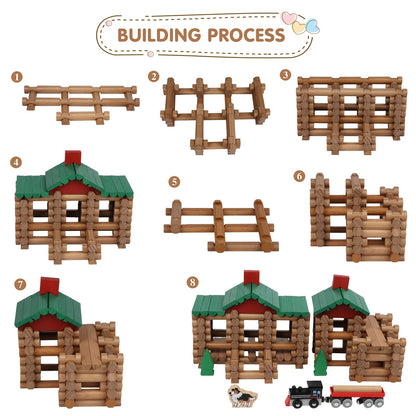 Wondertoys 208 Pcs Wooden Log Set - Classic Building Logs Ages 3+ - Best Retro Building Gift Set for Boys - Creative Construction Engineering Educational Gifts