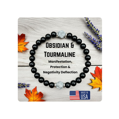 AKDNZ Obsidian & Black Tourmaline Bracelet for Women & Men - 6mm Manifestation & Protection Healing Crystal Bracelets, Handmade Spiritual Gemstones for Mother’s, Father’s Day, Christmas & Anniversary