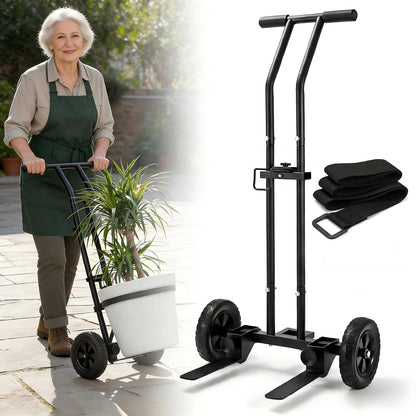 Adjustable Plant Caddy with Wheels, Heavy Duty Plant Dolly Cart w/Grab Arm and Strap Dual Protection, Garden Potted Plant Mover Dolly for Planter Flower Pots Indoor Outdoor, Supports 175lbs, Black