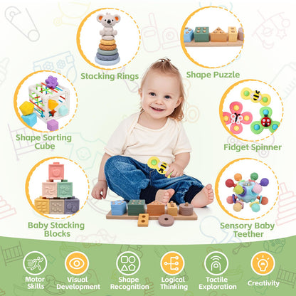 YHHYTOY 6-in-1 Montessori Baby Toys 0-6 6-12 Months, Infant Teething Toys Soft Stacking Blocks Rings Shape Sorter Sensory Fidget Spinners for Toddler 1-3, First Baby Gift Set for 6 Month Old Girl Boy