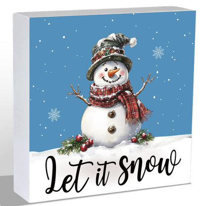 Winter Decorations Indoor Winter Decor Home Room Let It Snow Snowman Office Bathroom Table Wood Box Sign Rustic Wooden Shelf Desk Decor Season Sign House Warming Gifts 5.9 x 5.9 Inch