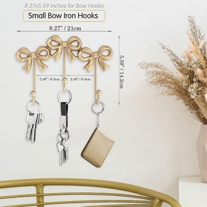 Small Bow Wall Hook,Gold Wall Mounted Functional Hooks,Antique Gold Cast Iron Hook for Coats,Bags, Bath Towels,Room Decorations,Girls Room,Bathroom,Office(Three-Bows Hooks:8.27x5.59 inches)