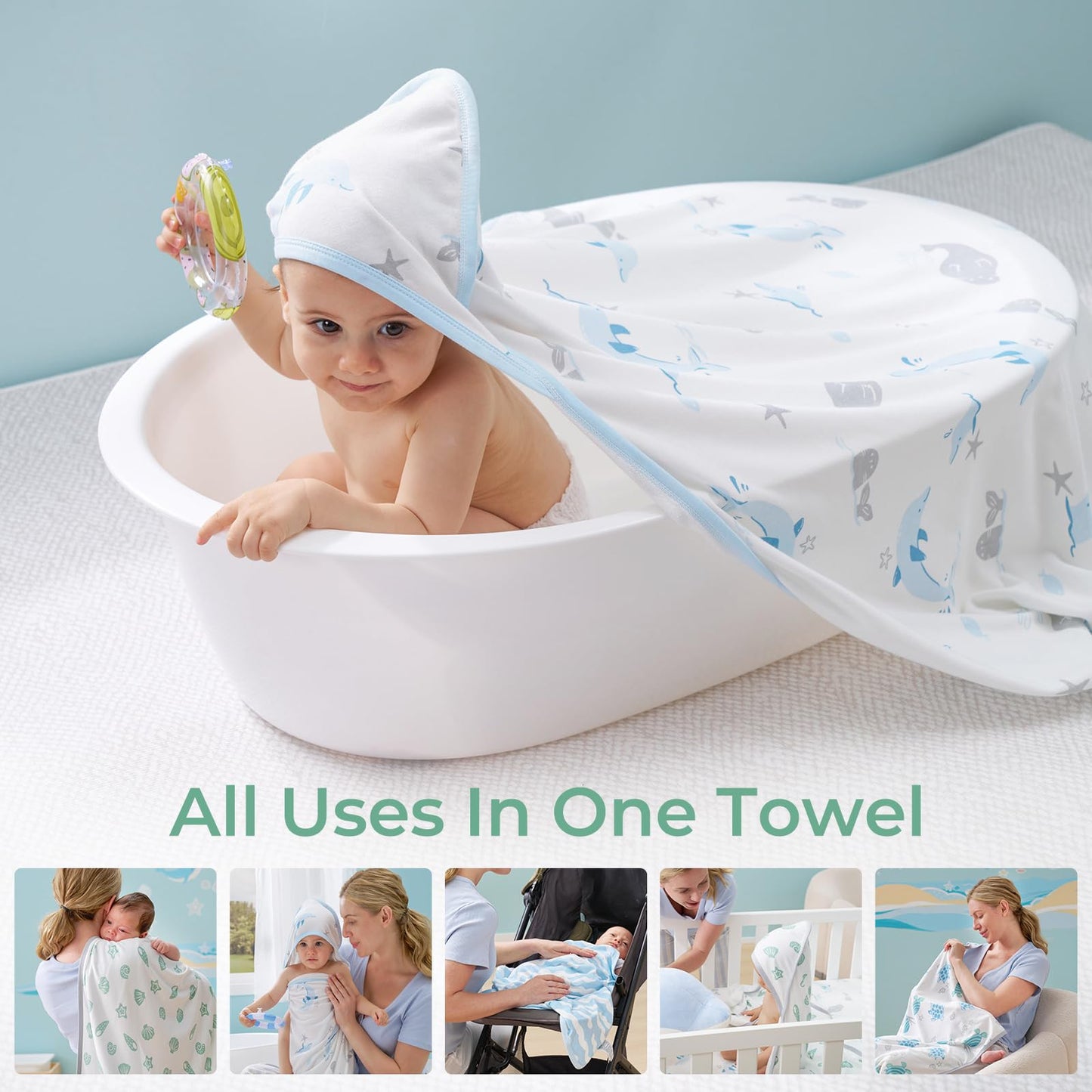 Momcozy Baby Towel with Hooded-Original Design Baby Towel Set -Soft & Absorbent- Shower Gifts or Bath Essential for Infant, Newborn, Toddler, Marine Sea Whale Seal Waves Magic