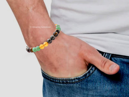Amazing Gemstone Money Success Pyrite Bracelet - Citrine Quartz, Green Aventurine, Tiger Eye Protection Healing Crystal Bracelet - Gemstone Beaded Stretchable Bracelet Pulseras Para Hombres Mujer