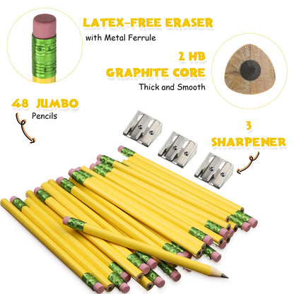 Fainne 48 Pcs Fat Pencils Jumbo Big Thick Large Pencils and 3 Pieces Sharpeners for Kids Beginners Preschoolers Kindergarten School Office Supplies(Yellow+Green,Triangle)