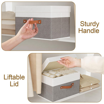 YheenLf Fabric Storage Bin, Storage Basket with Lids, Closet Organizer Box with Handles for Shoes Books Towels, White and Grey, 1 Pack, 13 x 9.1 x 7.9 Inch